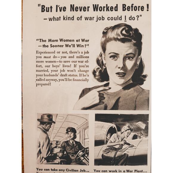1944‎ Kotex War Effort "But I've Never Worked Before!" Unsure Woman Vtg Print Ad - Picture 1 of 7